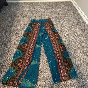 Bohemian Teal and Brown Wide-Leg Pants